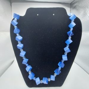 Statement Necklace  w/Blue Square& Crystal Beads.
